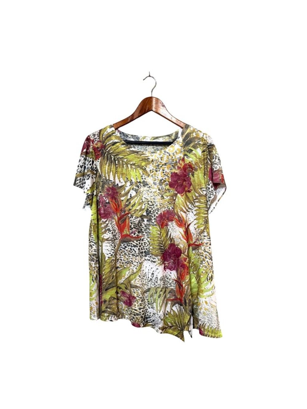 Tropical Floral Asymmetrical Hem Top With Short Sleeves‎ And Lightweight Fabric